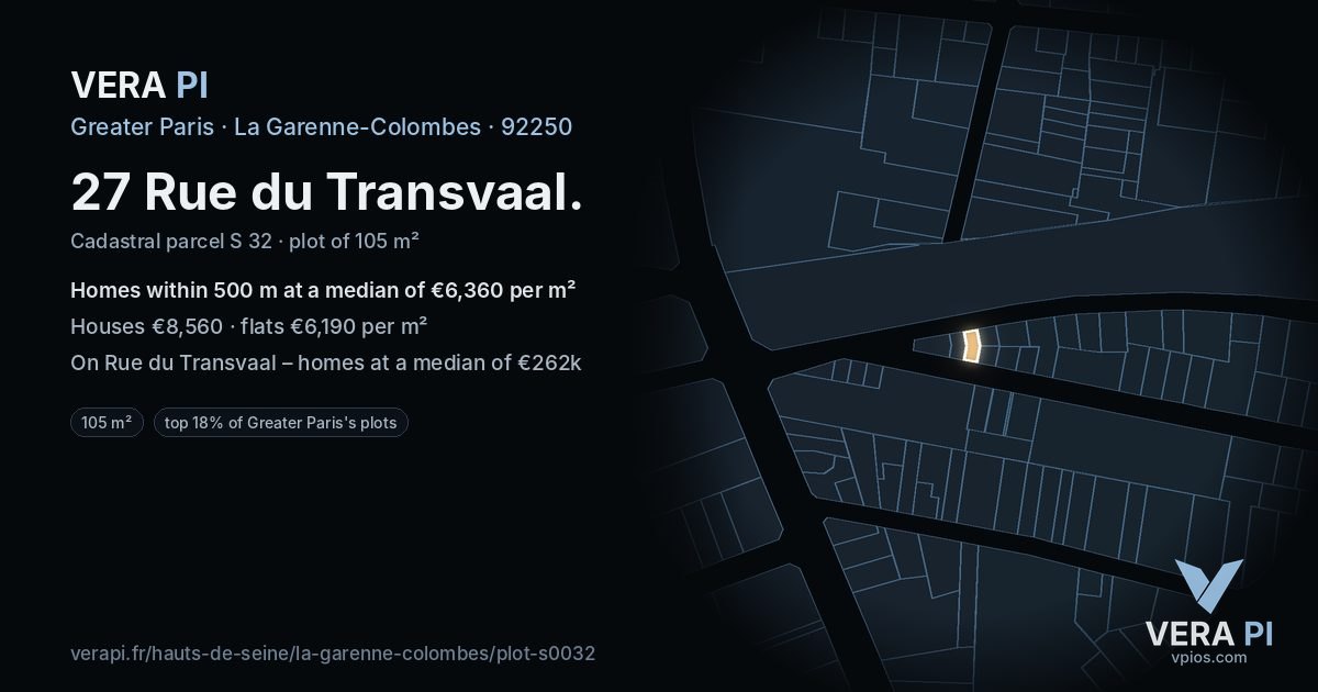 27 Rue du Transvaal, La Garenne-Colombes at night – the plot lit, the parcels around coloured by the prices near them