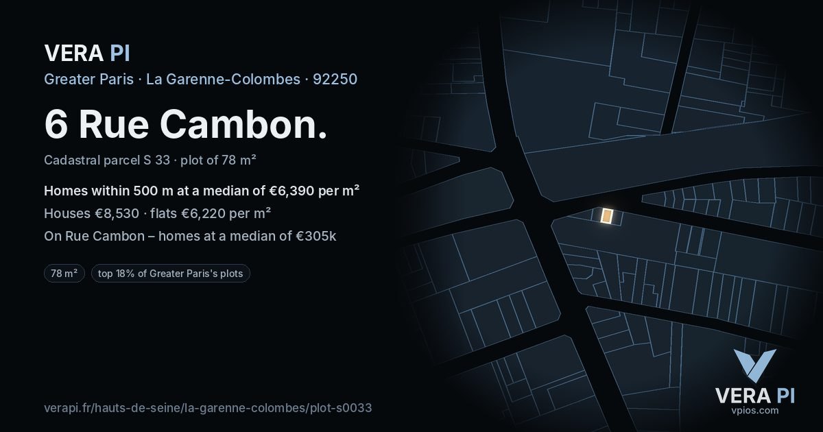 6 Rue Cambon, La Garenne-Colombes at night – the plot lit, the parcels around coloured by the prices near them