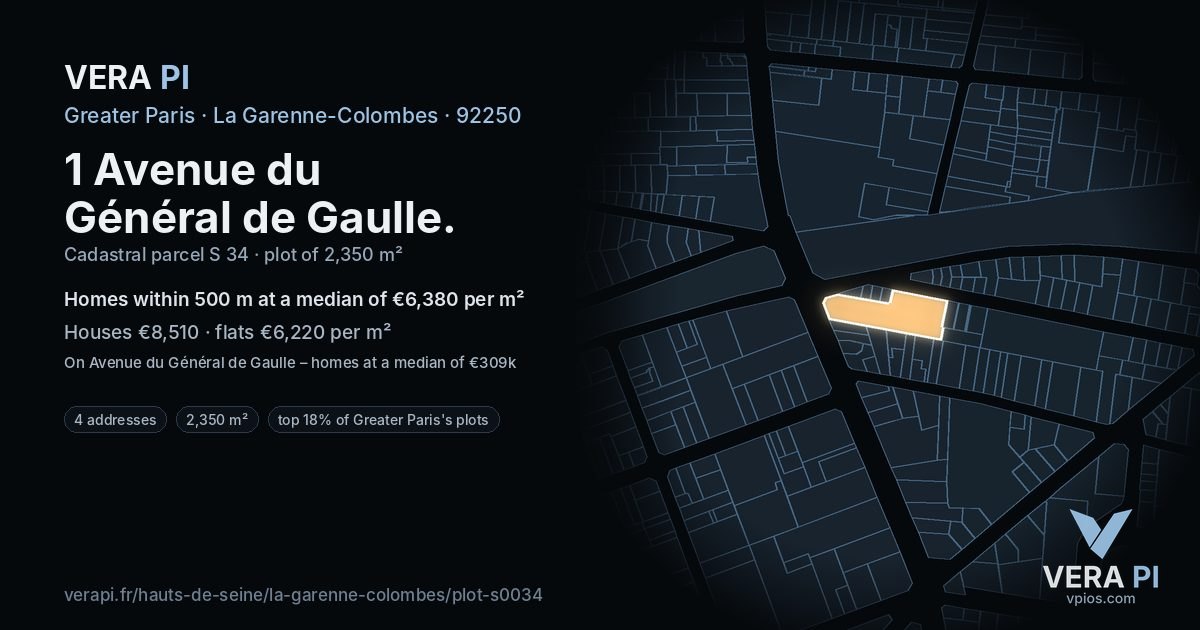 1 Avenue du Général de Gaulle, La Garenne-Colombes at night – the plot lit, the parcels around coloured by the prices near them