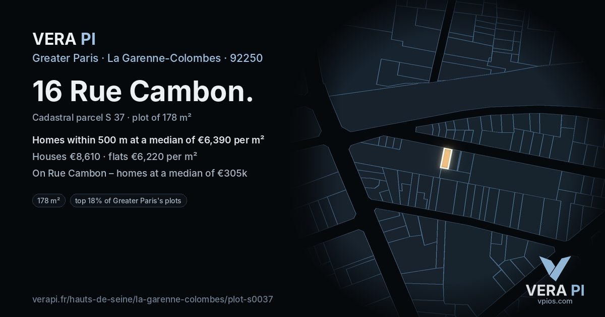 16 Rue Cambon, La Garenne-Colombes at night – the plot lit, the parcels around coloured by the prices near them