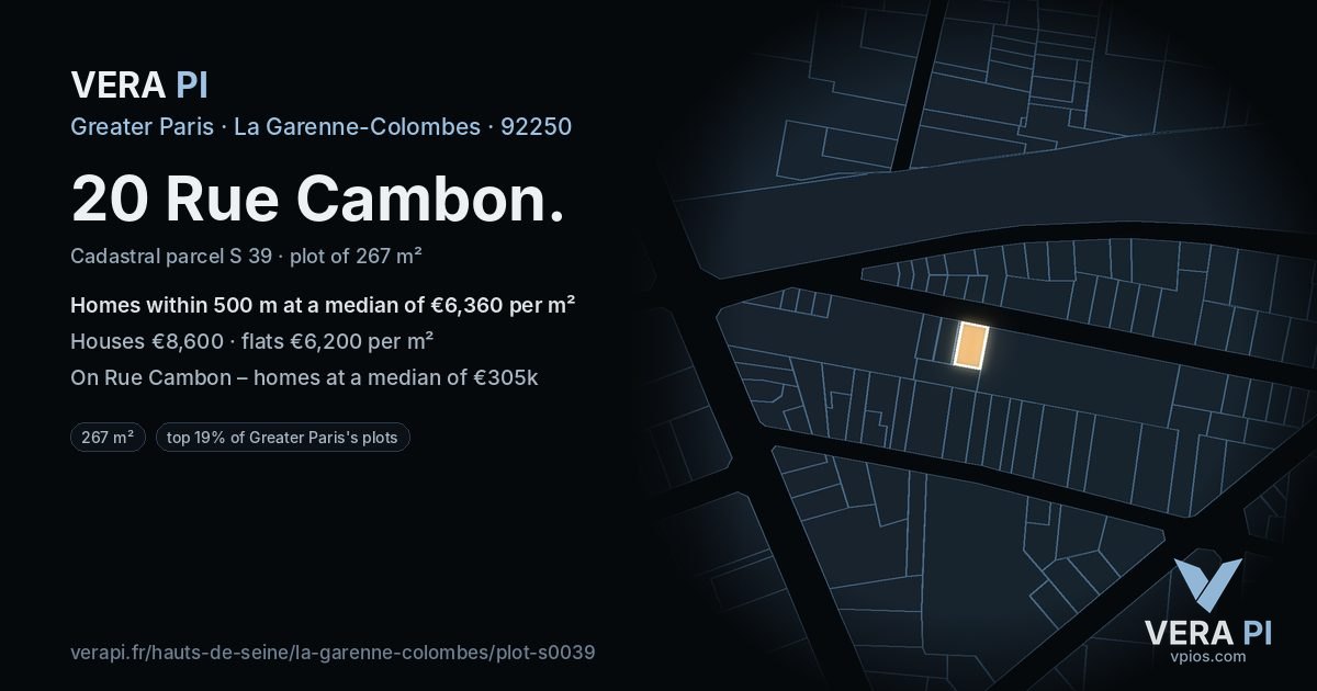 20 Rue Cambon, La Garenne-Colombes at night – the plot lit, the parcels around coloured by the prices near them