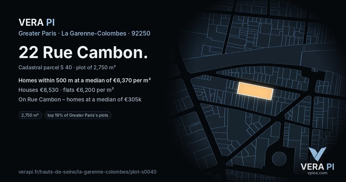 22 Rue Cambon, La Garenne-Colombes at night – the plot lit, the parcels around coloured by the prices near them