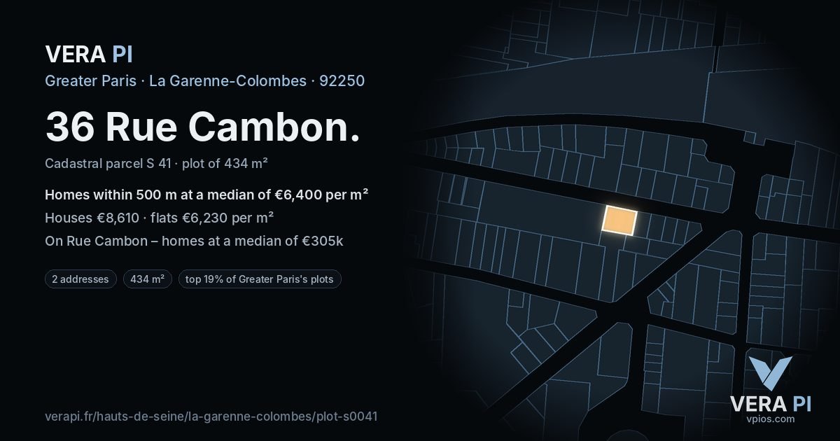 36 Rue Cambon, La Garenne-Colombes at night – the plot lit, the parcels around coloured by the prices near them