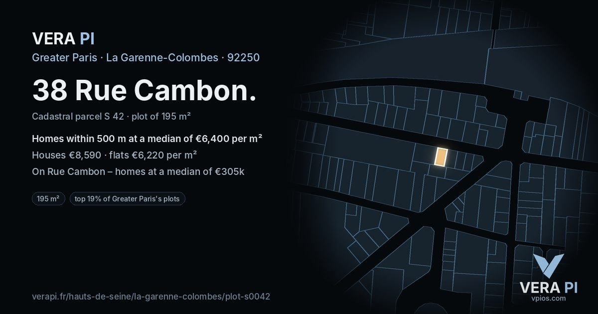 38 Rue Cambon, La Garenne-Colombes at night – the plot lit, the parcels around coloured by the prices near them