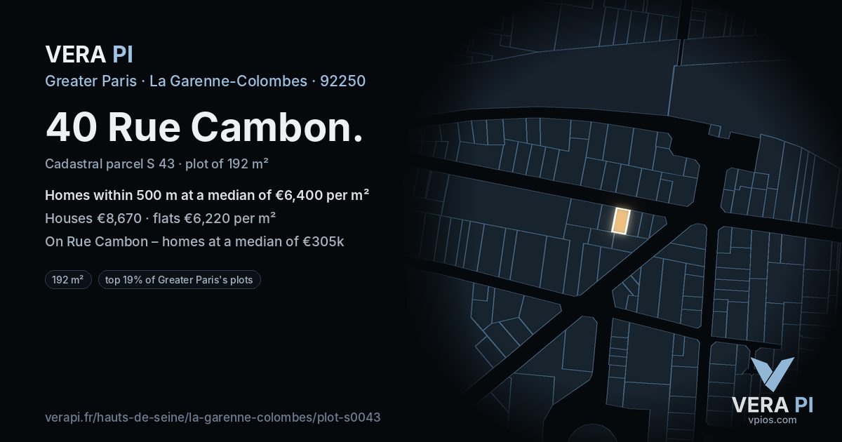 40 Rue Cambon, La Garenne-Colombes at night – the plot lit, the parcels around coloured by the prices near them