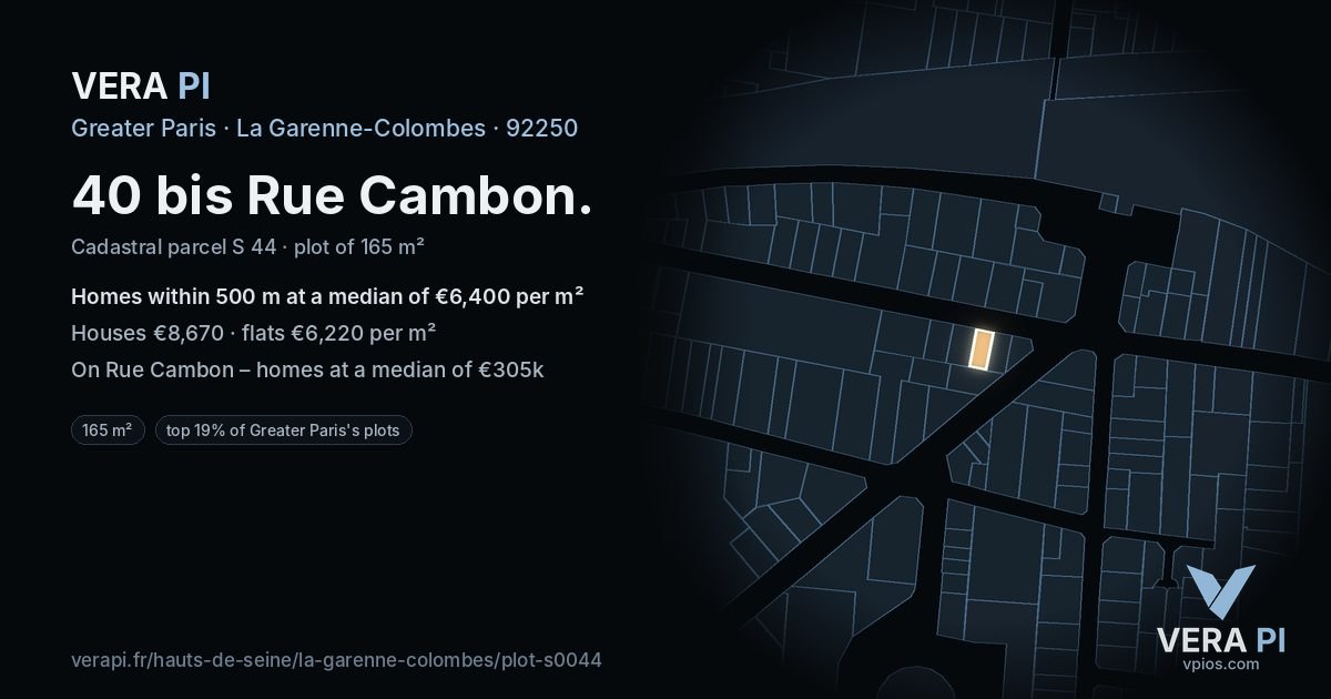 40 bis Rue Cambon, La Garenne-Colombes at night – the plot lit, the parcels around coloured by the prices near them