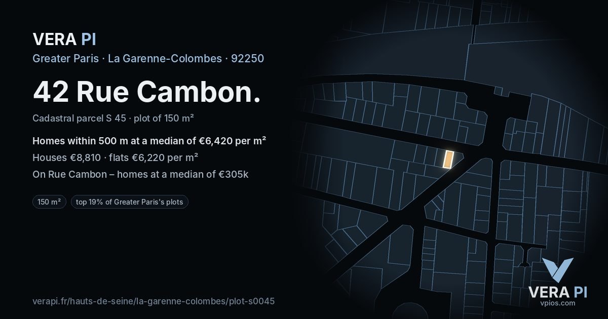 42 Rue Cambon, La Garenne-Colombes at night – the plot lit, the parcels around coloured by the prices near them