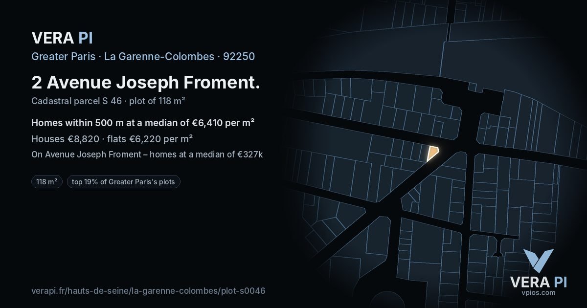 2 Avenue Joseph Froment, La Garenne-Colombes at night – the plot lit, the parcels around coloured by the prices near them