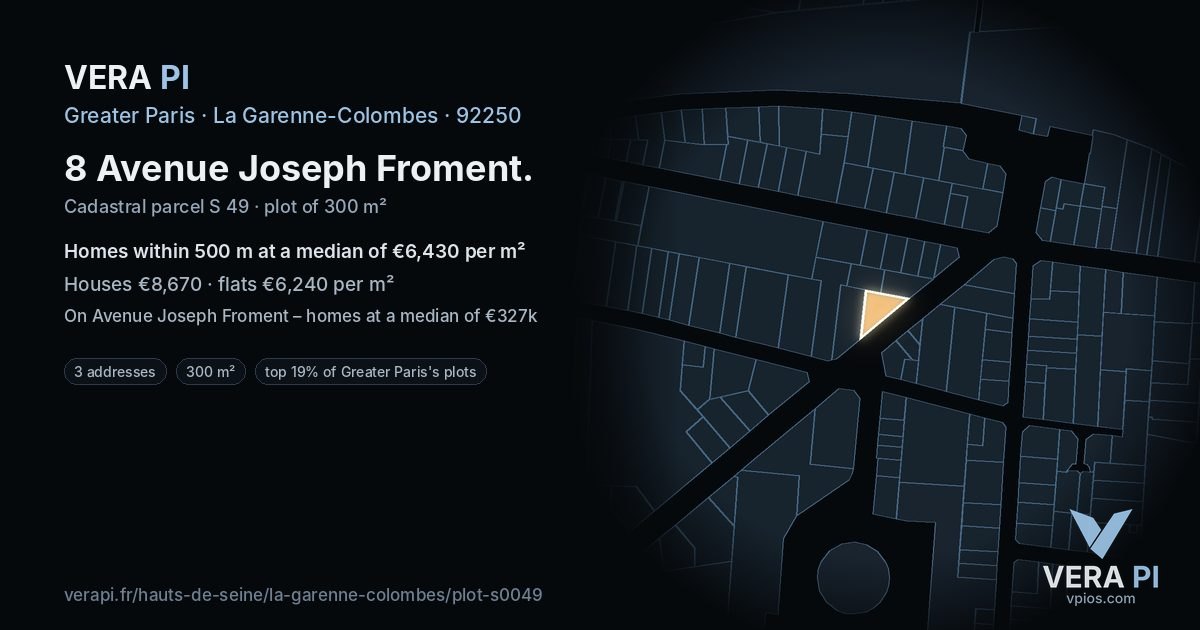 8 Avenue Joseph Froment, La Garenne-Colombes at night – the plot lit, the parcels around coloured by the prices near them