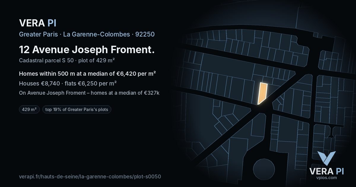12 Avenue Joseph Froment, La Garenne-Colombes at night – the plot lit, the parcels around coloured by the prices near them