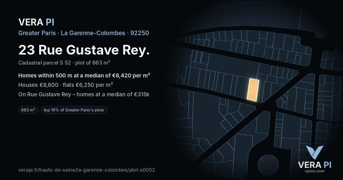 23 Rue Gustave Rey, La Garenne-Colombes at night – the plot lit, the parcels around coloured by the prices near them