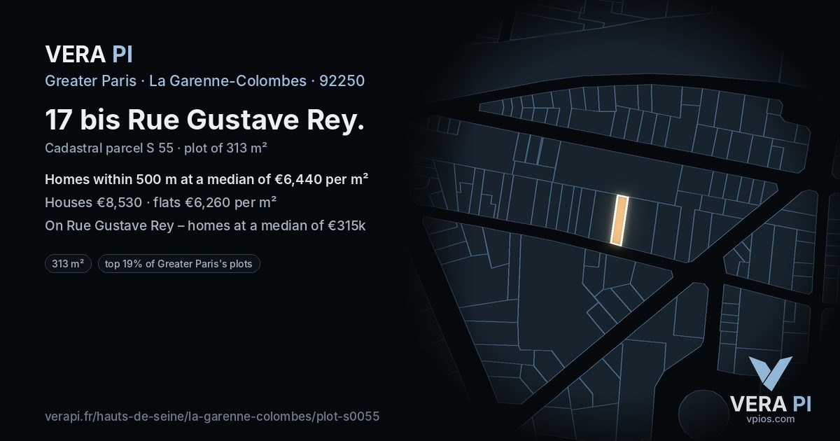 17 bis Rue Gustave Rey, La Garenne-Colombes at night – the plot lit, the parcels around coloured by the prices near them