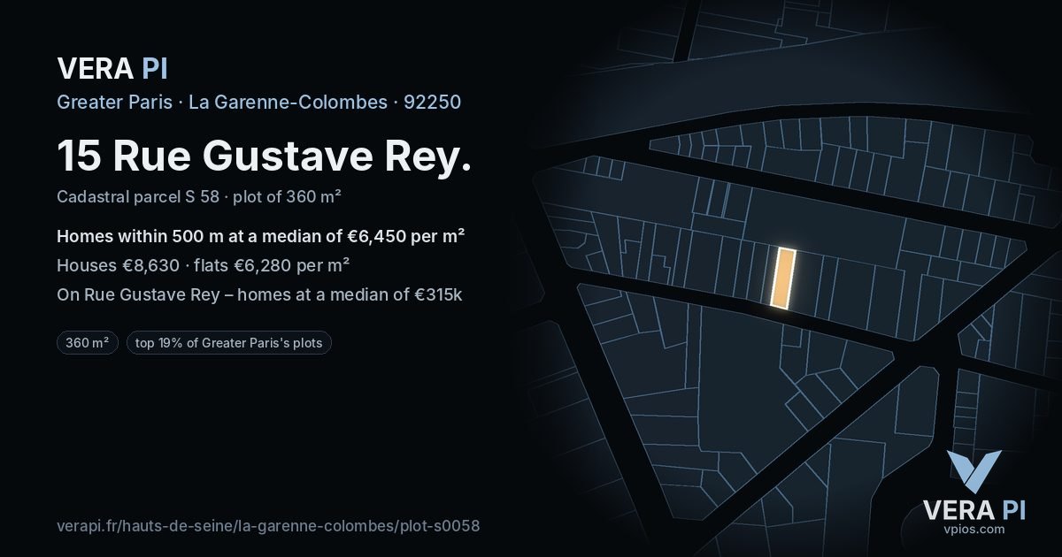 15 Rue Gustave Rey, La Garenne-Colombes at night – the plot lit, the parcels around coloured by the prices near them