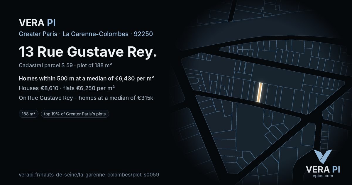 13 Rue Gustave Rey, La Garenne-Colombes at night – the plot lit, the parcels around coloured by the prices near them