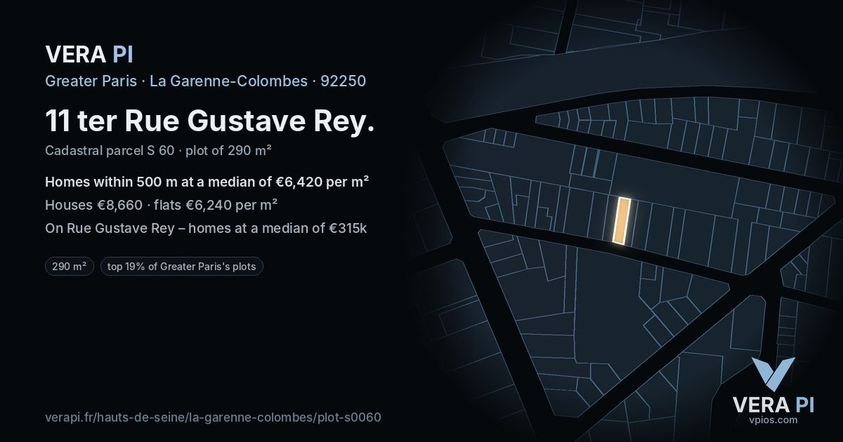 11 ter Rue Gustave Rey, La Garenne-Colombes at night – the plot lit, the parcels around coloured by the prices near them