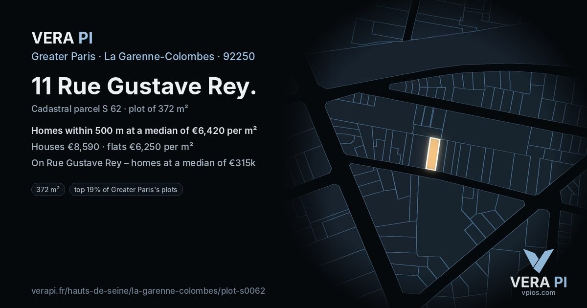 11 Rue Gustave Rey, La Garenne-Colombes at night – the plot lit, the parcels around coloured by the prices near them