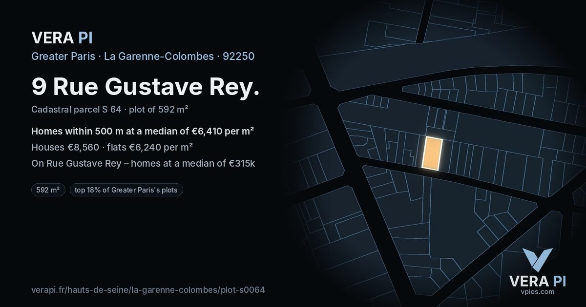 9 Rue Gustave Rey, La Garenne-Colombes at night – the plot lit, the parcels around coloured by the prices near them