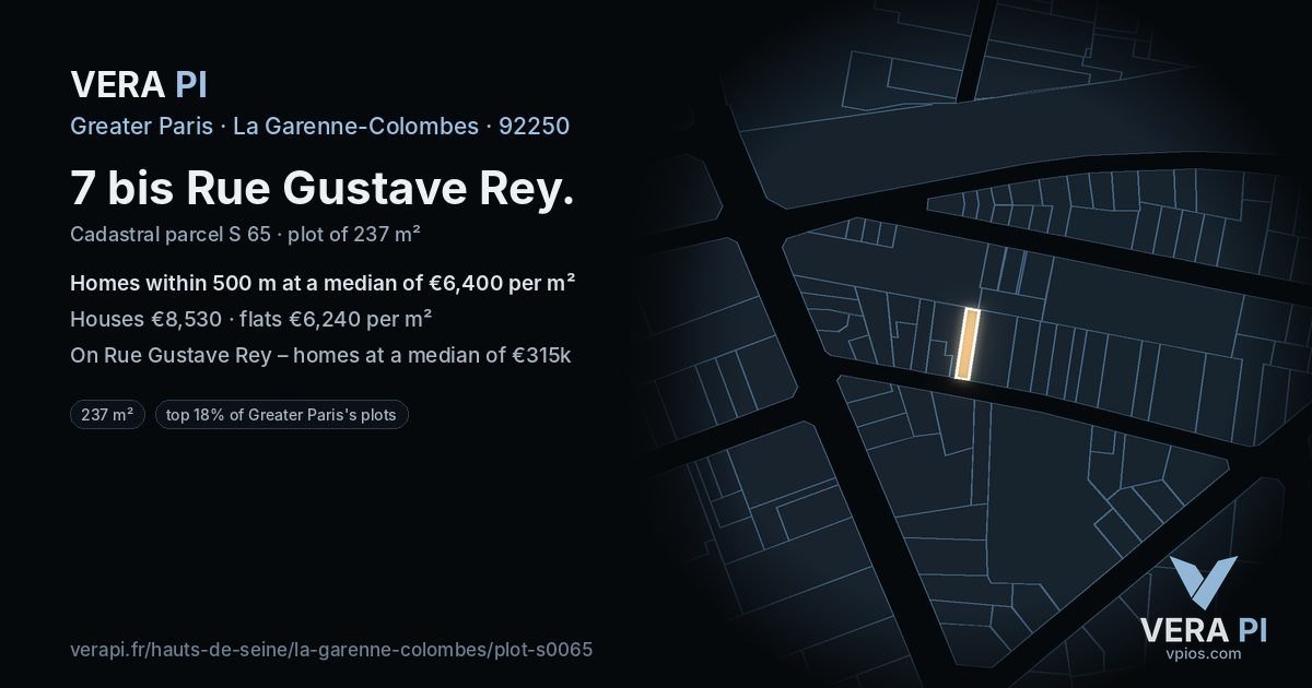 7 bis Rue Gustave Rey, La Garenne-Colombes at night – the plot lit, the parcels around coloured by the prices near them