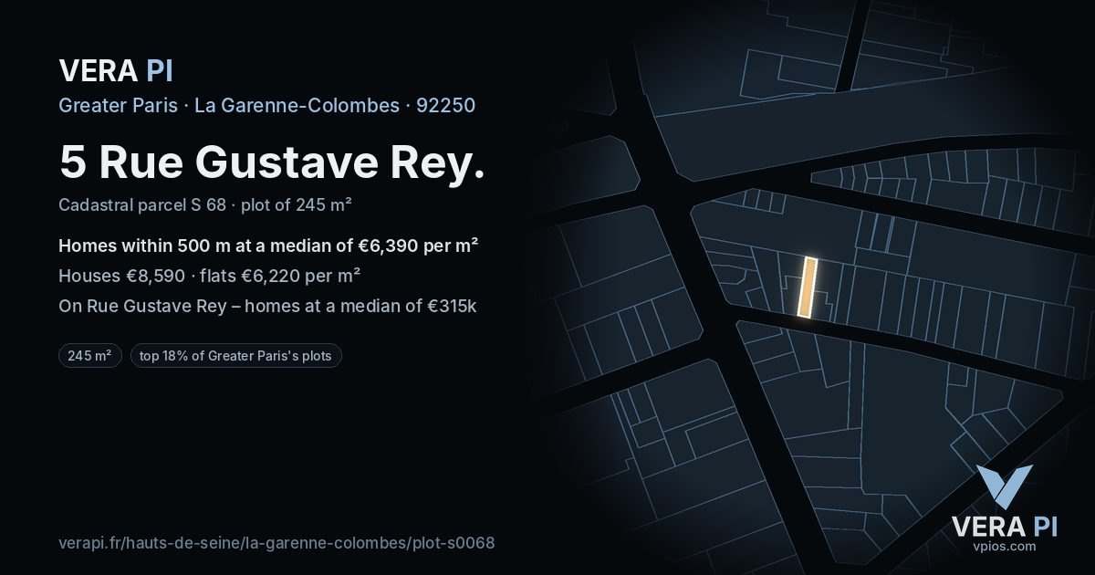 5 Rue Gustave Rey, La Garenne-Colombes at night – the plot lit, the parcels around coloured by the prices near them