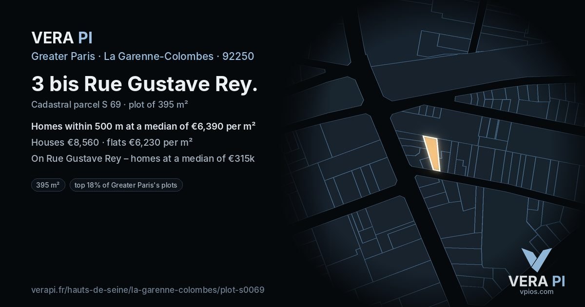 3 bis Rue Gustave Rey, La Garenne-Colombes at night – the plot lit, the parcels around coloured by the prices near them
