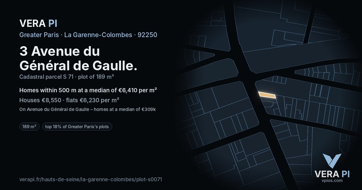 3 Avenue du Général de Gaulle, La Garenne-Colombes at night – the plot lit, the parcels around coloured by the prices near them