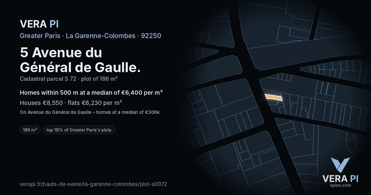 5 Avenue du Général de Gaulle, La Garenne-Colombes at night – the plot lit, the parcels around coloured by the prices near them
