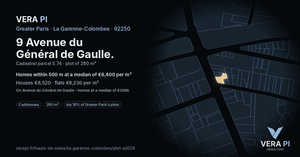 9 Avenue du Général de Gaulle, La Garenne-Colombes at night – the plot lit, the parcels around coloured by the prices near them