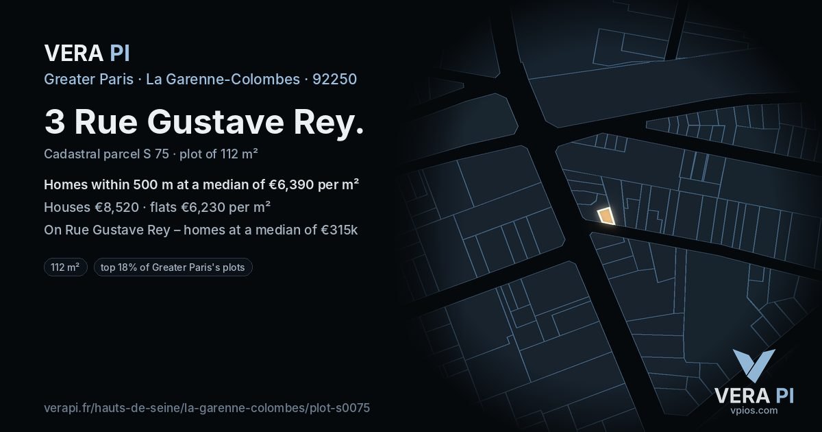 3 Rue Gustave Rey, La Garenne-Colombes at night – the plot lit, the parcels around coloured by the prices near them