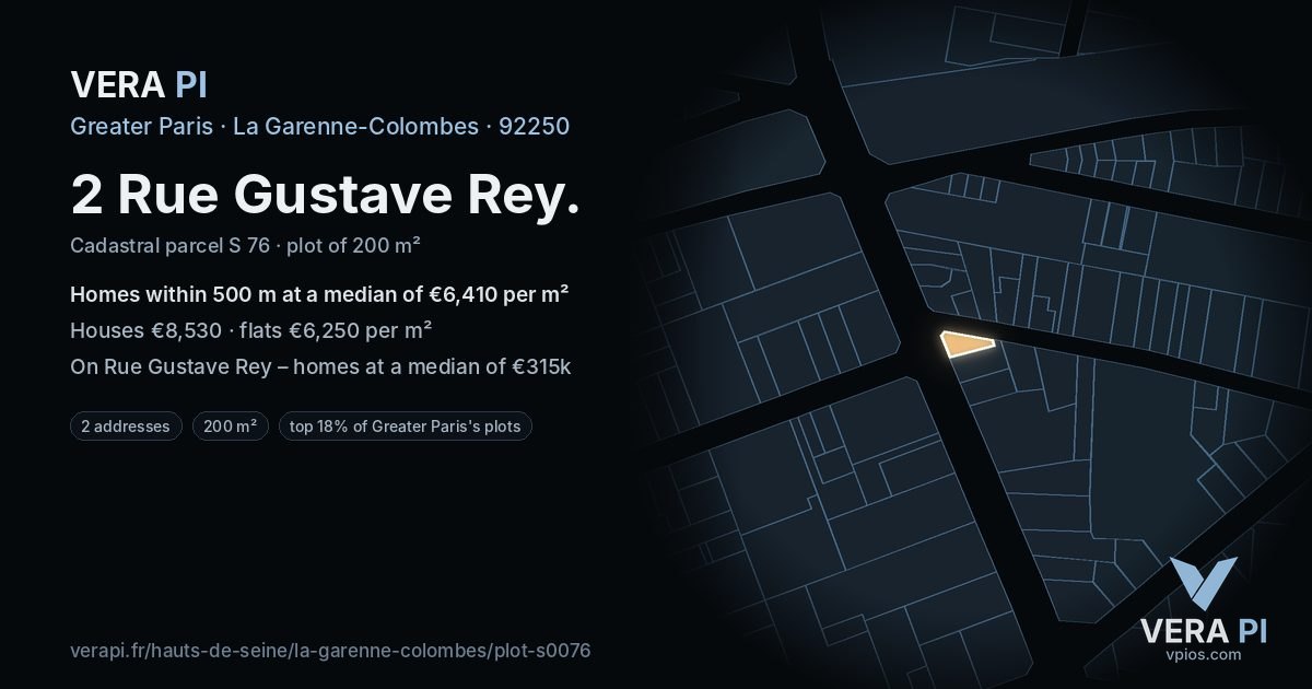 2 Rue Gustave Rey, La Garenne-Colombes at night – the plot lit, the parcels around coloured by the prices near them