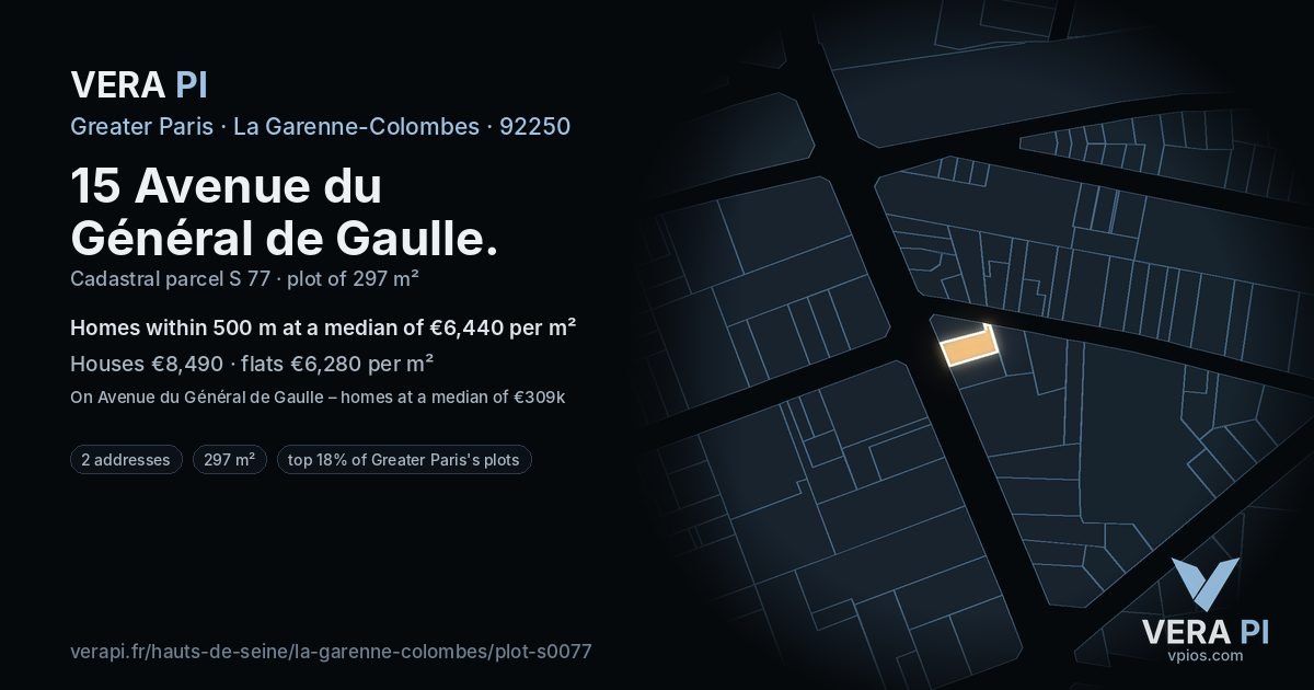 15 Avenue du Général de Gaulle, La Garenne-Colombes at night – the plot lit, the parcels around coloured by the prices near them