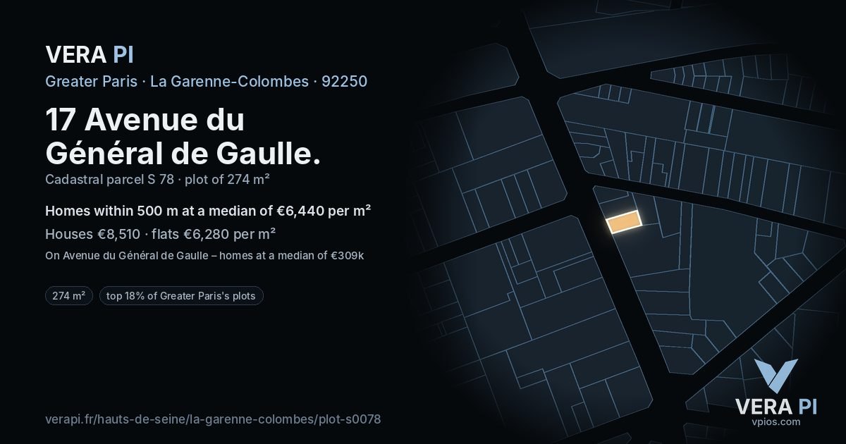 17 Avenue du Général de Gaulle, La Garenne-Colombes at night – the plot lit, the parcels around coloured by the prices near them