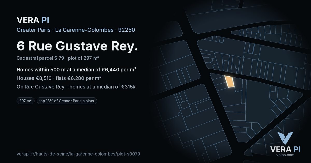 6 Rue Gustave Rey, La Garenne-Colombes at night – the plot lit, the parcels around coloured by the prices near them