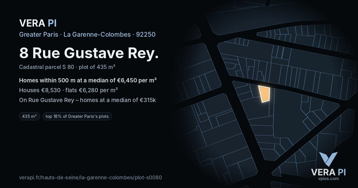 8 Rue Gustave Rey, La Garenne-Colombes at night – the plot lit, the parcels around coloured by the prices near them