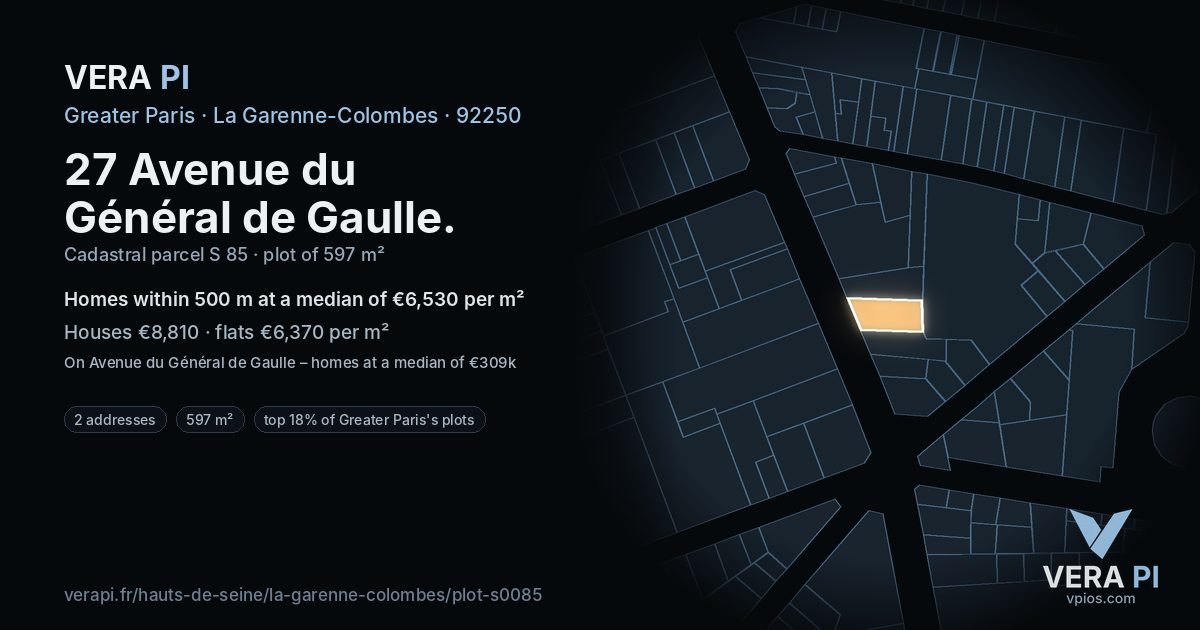 27 Avenue du Général de Gaulle, La Garenne-Colombes at night – the plot lit, the parcels around coloured by the prices near them