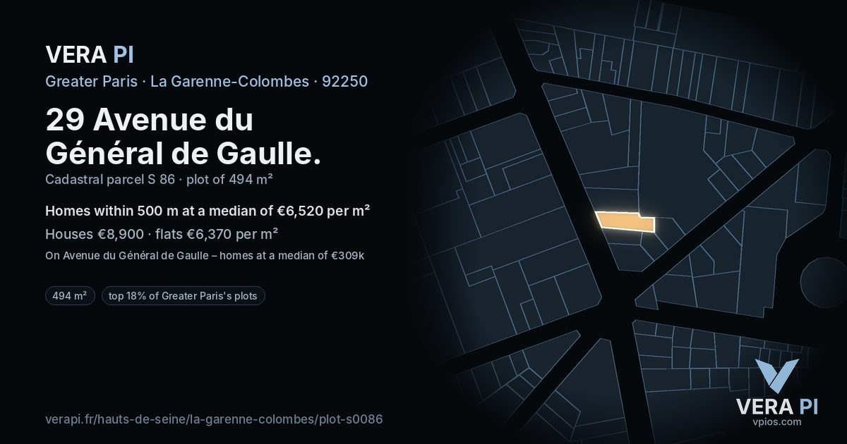 29 Avenue du Général de Gaulle, La Garenne-Colombes at night – the plot lit, the parcels around coloured by the prices near them