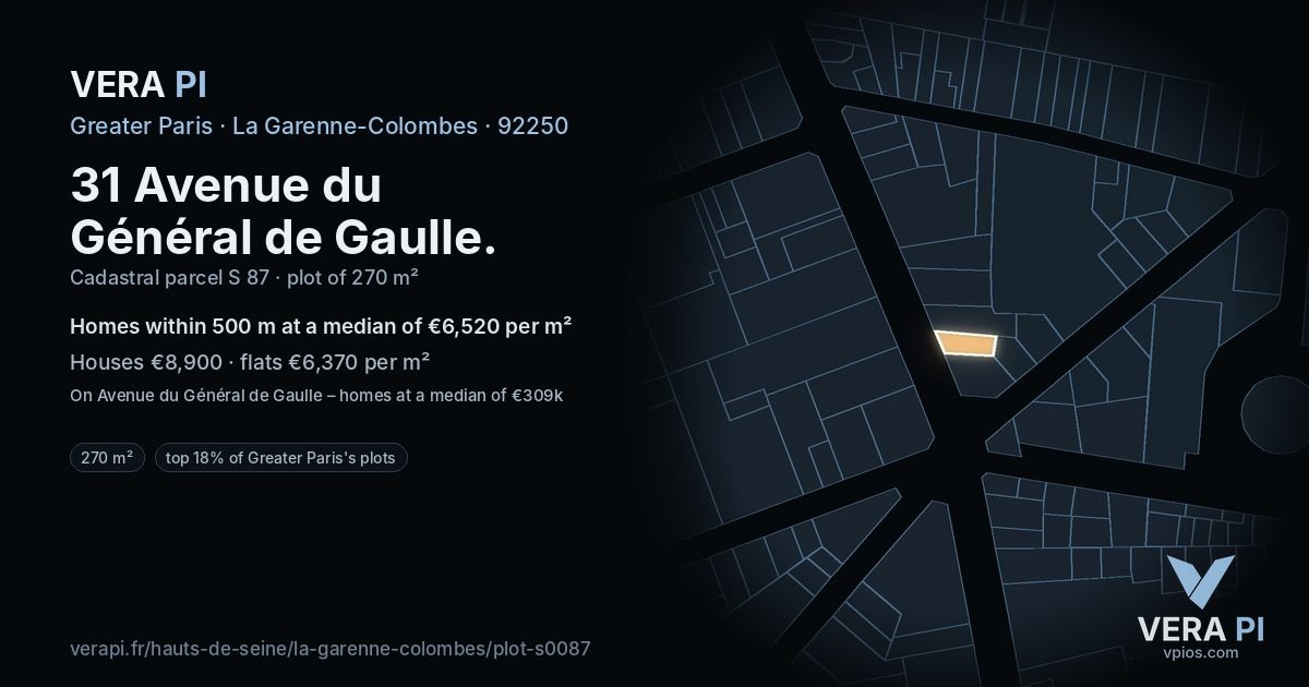 31 Avenue du Général de Gaulle, La Garenne-Colombes at night – the plot lit, the parcels around coloured by the prices near them