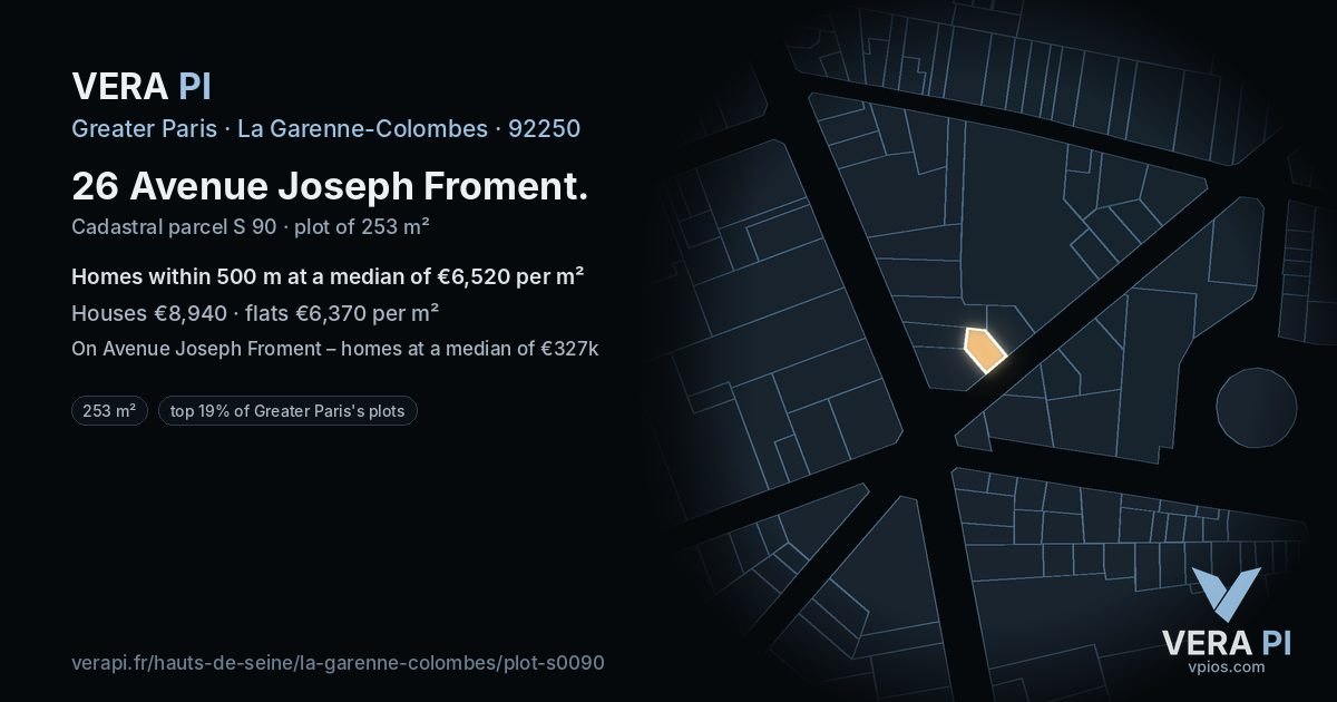 26 Avenue Joseph Froment, La Garenne-Colombes at night – the plot lit, the parcels around coloured by the prices near them