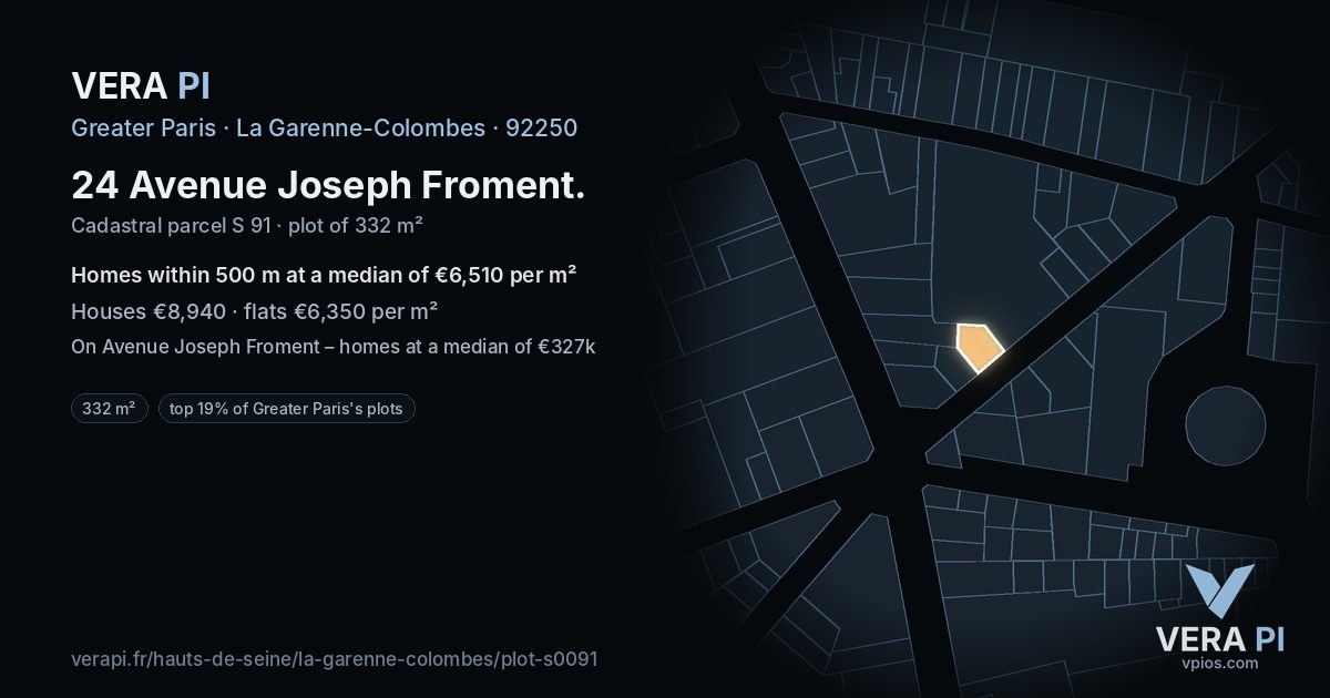 24 Avenue Joseph Froment, La Garenne-Colombes at night – the plot lit, the parcels around coloured by the prices near them