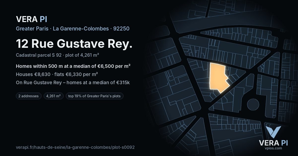 12 Rue Gustave Rey, La Garenne-Colombes at night – the plot lit, the parcels around coloured by the prices near them