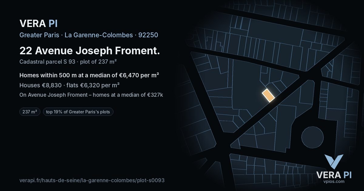 22 Avenue Joseph Froment, La Garenne-Colombes at night – the plot lit, the parcels around coloured by the prices near them