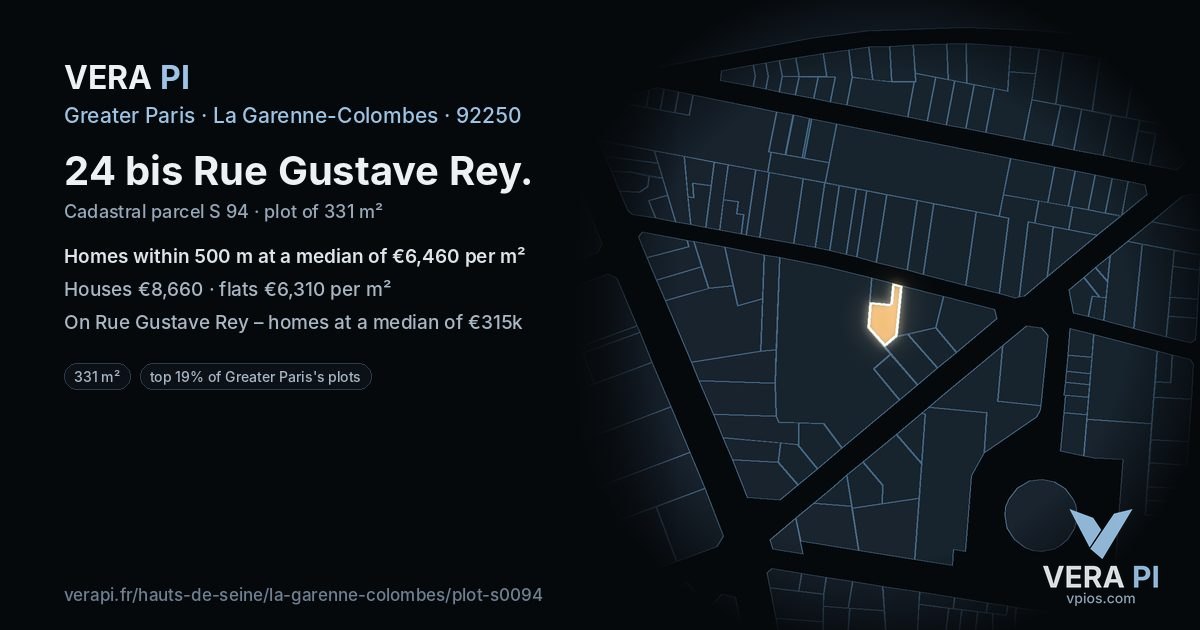 24 bis Rue Gustave Rey, La Garenne-Colombes at night – the plot lit, the parcels around coloured by the prices near them