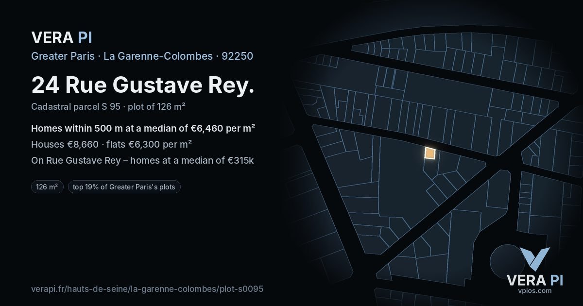 24 Rue Gustave Rey, La Garenne-Colombes at night – the plot lit, the parcels around coloured by the prices near them