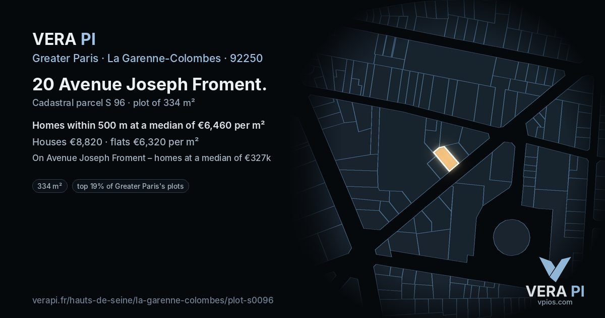 20 Avenue Joseph Froment, La Garenne-Colombes at night – the plot lit, the parcels around coloured by the prices near them