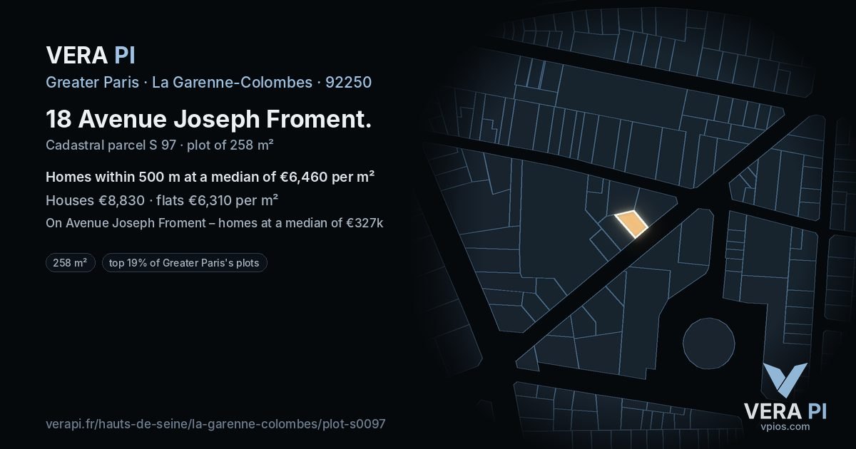 18 Avenue Joseph Froment, La Garenne-Colombes at night – the plot lit, the parcels around coloured by the prices near them