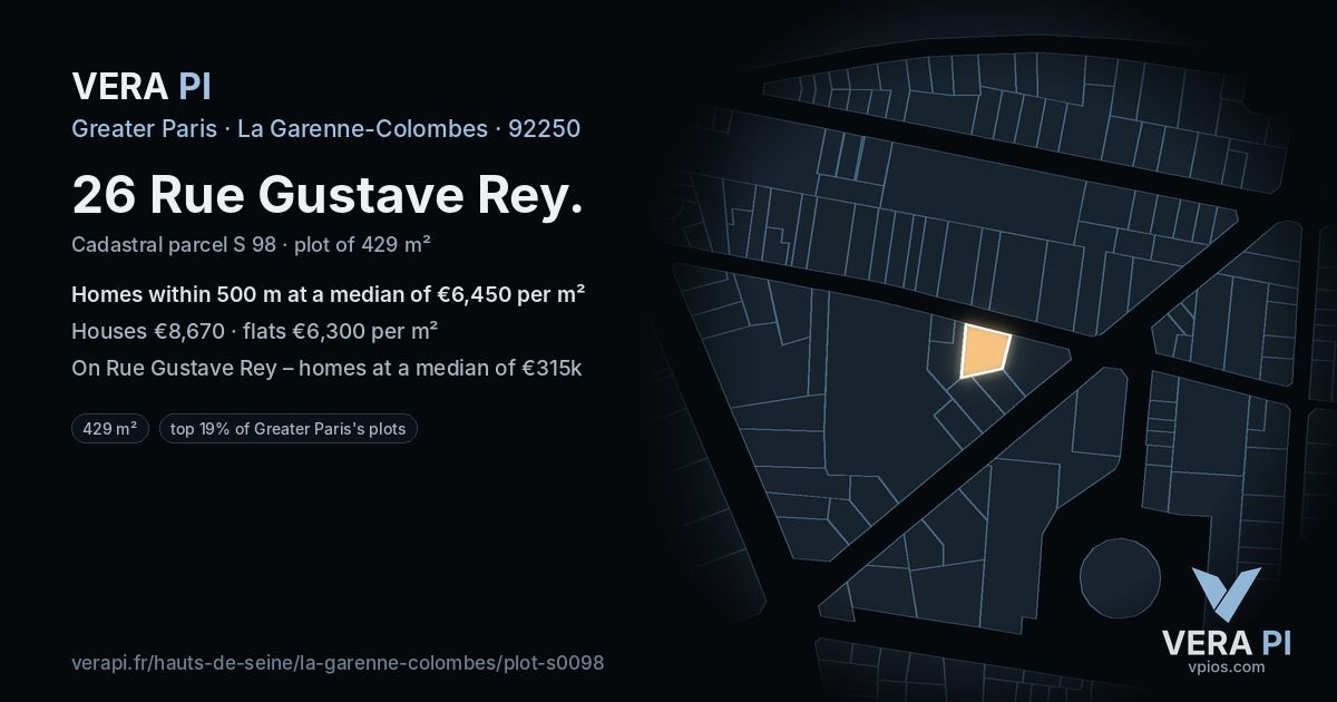 26 Rue Gustave Rey, La Garenne-Colombes at night – the plot lit, the parcels around coloured by the prices near them