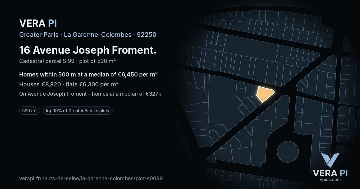 16 Avenue Joseph Froment, La Garenne-Colombes at night – the plot lit, the parcels around coloured by the prices near them