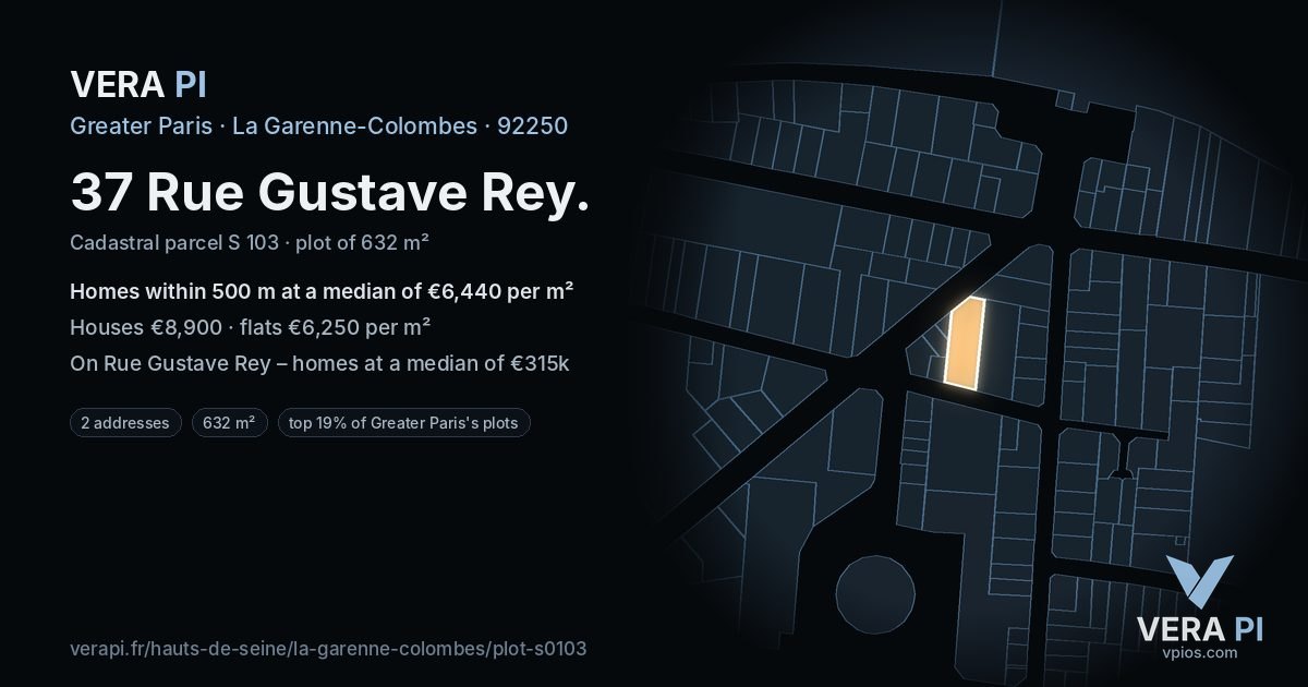 37 Rue Gustave Rey, La Garenne-Colombes at night – the plot lit, the parcels around coloured by the prices near them