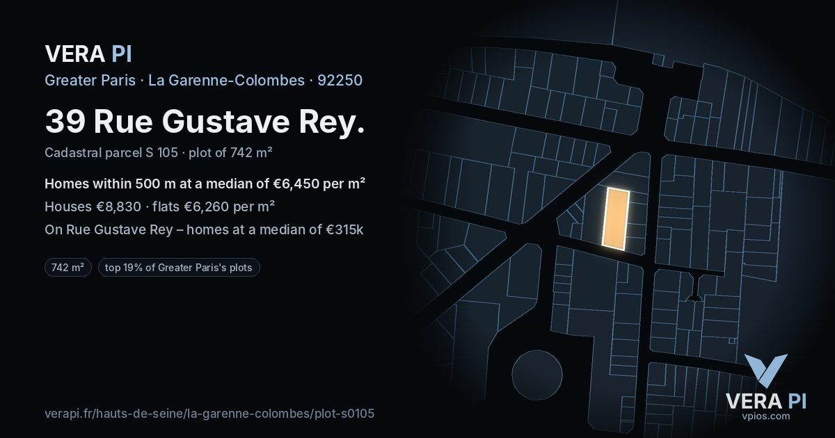 39 Rue Gustave Rey, La Garenne-Colombes at night – the plot lit, the parcels around coloured by the prices near them