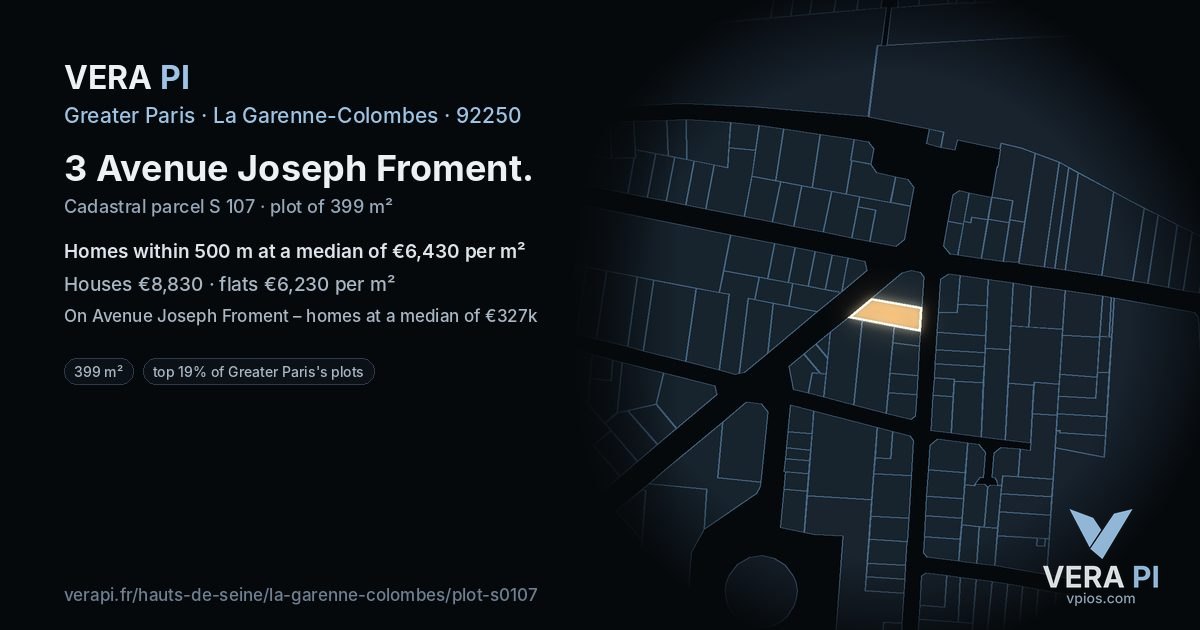 3 Avenue Joseph Froment, La Garenne-Colombes at night – the plot lit, the parcels around coloured by the prices near them