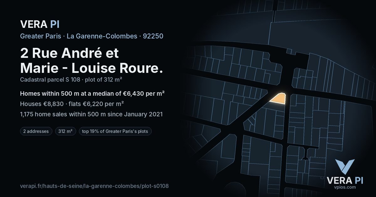 2 Rue André et Marie - Louise Roure, La Garenne-Colombes at night – the plot lit, the parcels around coloured by the prices near them